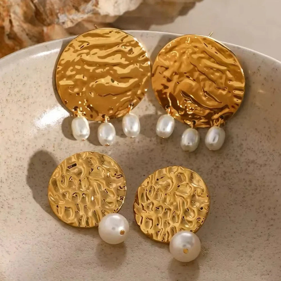 Sedona Retro Pearl Medallion 18K Gold Stainless Steel Waterproof Earrings - Picture 5 of 8